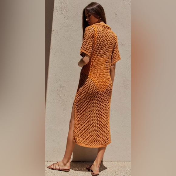 By Anthropologie Short-Sleeve Crochet Midi Shirt Dress - Picture 2 of 6